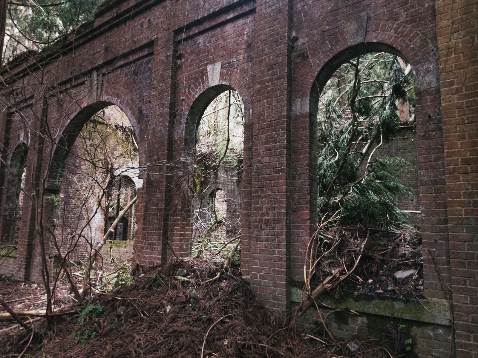 「ボロボロの外壁が残る廃発電所跡」の写真