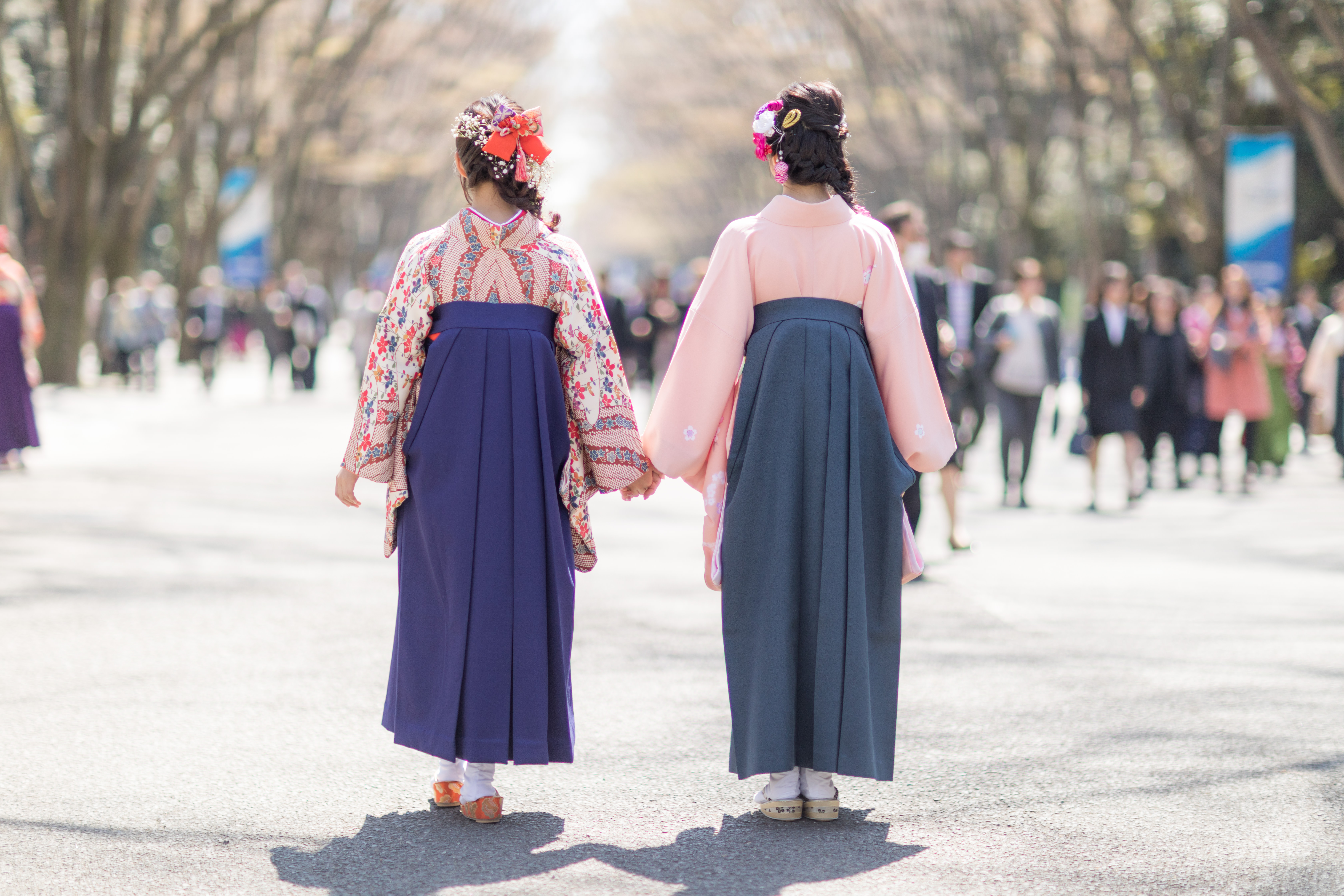 卒業式に2人で手をつなぐ袴女子の後ろ姿の写真素材を拡大・トリミング加工（JPG画像） - ぱくたそ