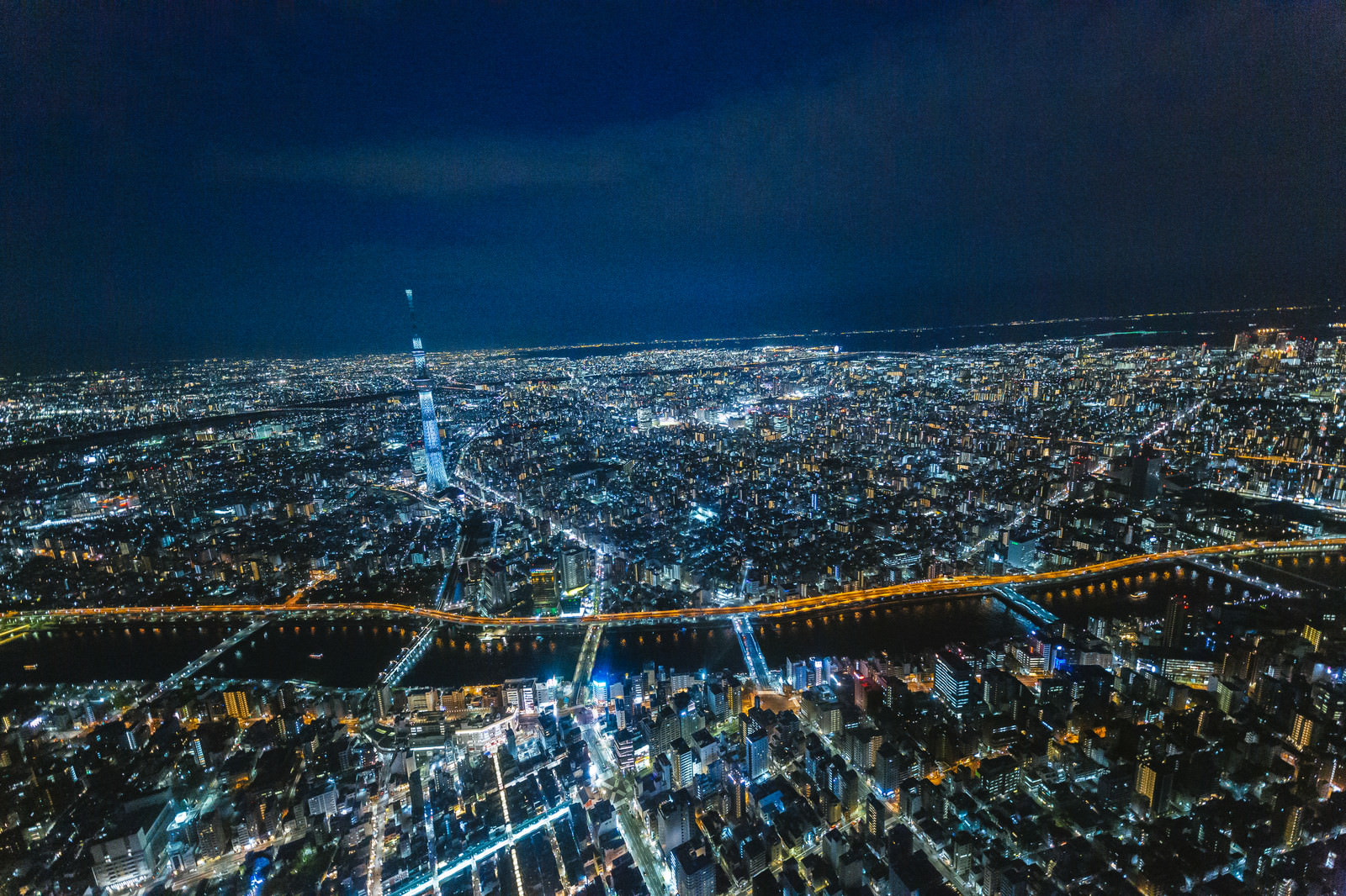 隅田川と東京スカイツリーの空撮夜景のフリー素材