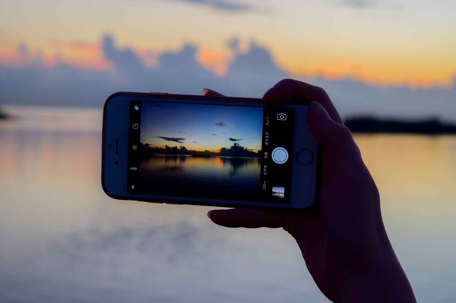 「スマホで夕暮れ時の海を撮影」の写真