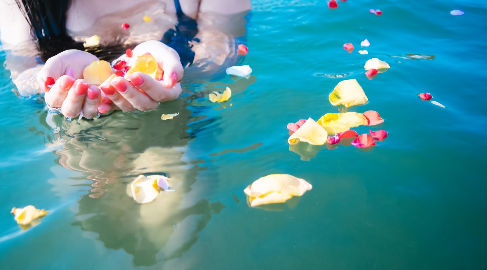 「水面に浮く鮮やかな花びらと女性の手」の写真