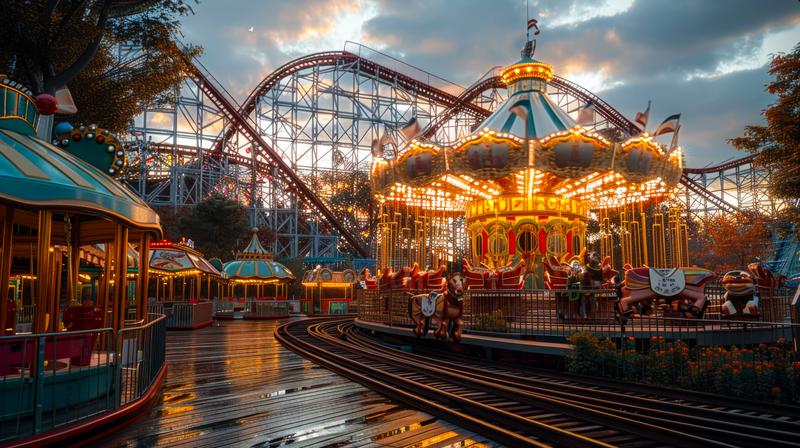 ライトアップしたジェットコースターのある遊園地の無料のAI画像素材
