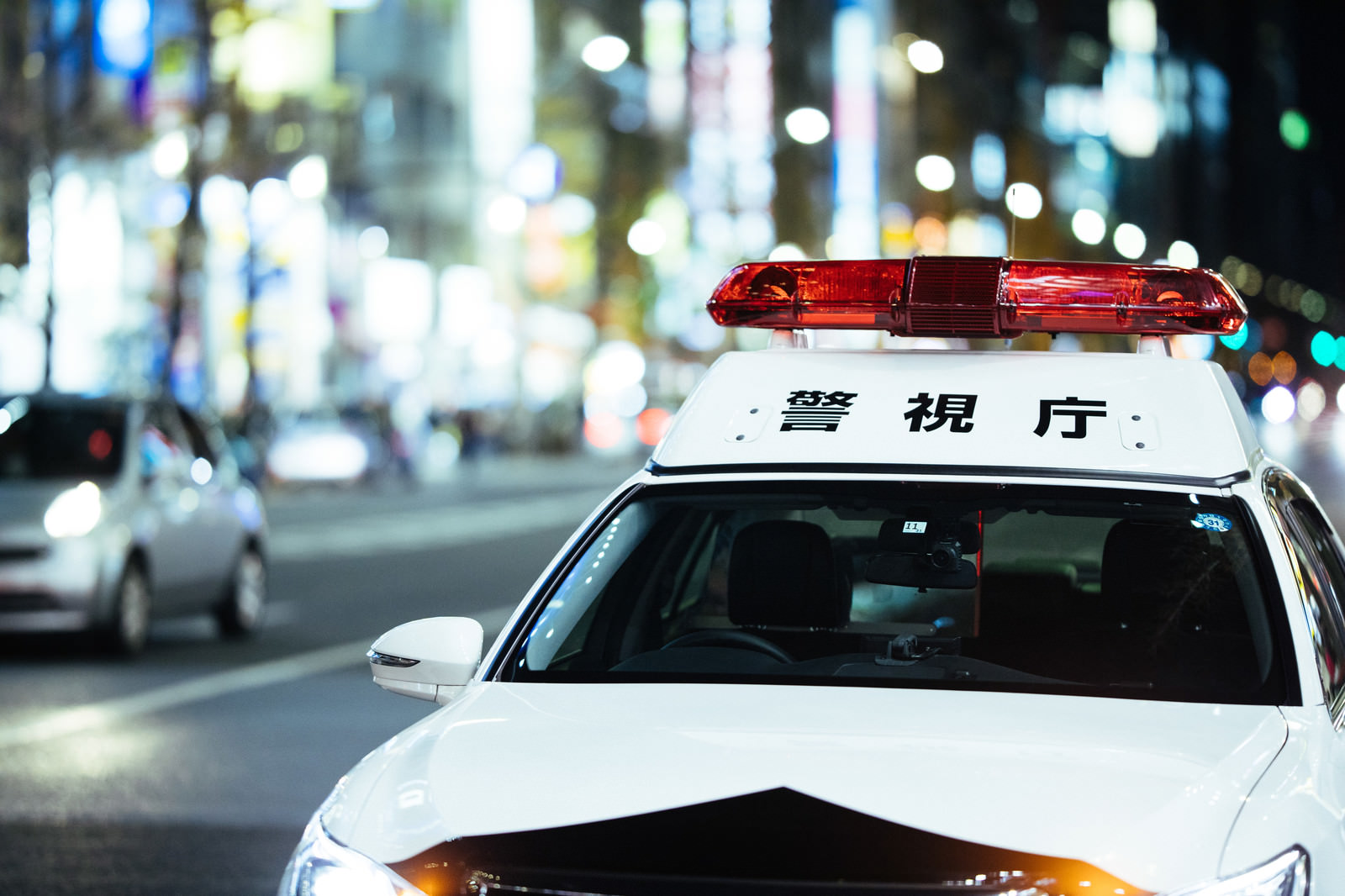 繁華街のネオンに包まれた停車中のパトカーの写真 画像 フリー素材 ぱくたそ