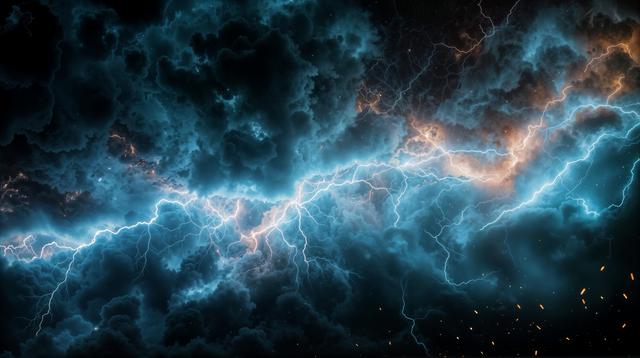 厚く渦巻く暗雲の中を走る青白い雷の無料のAI画像素材 - ID.95256