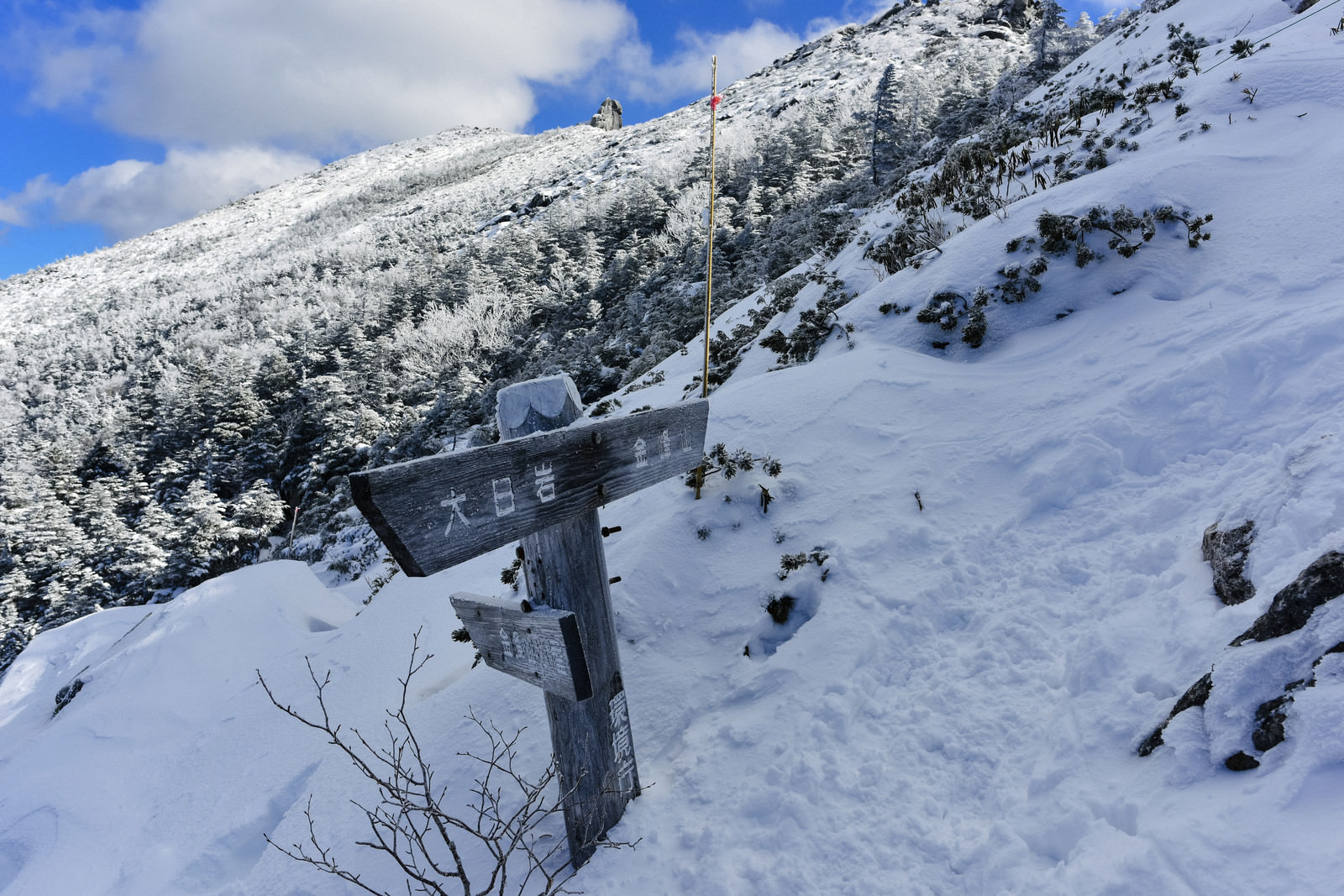 「凍る金峰山登山道の道しるべ」の写真