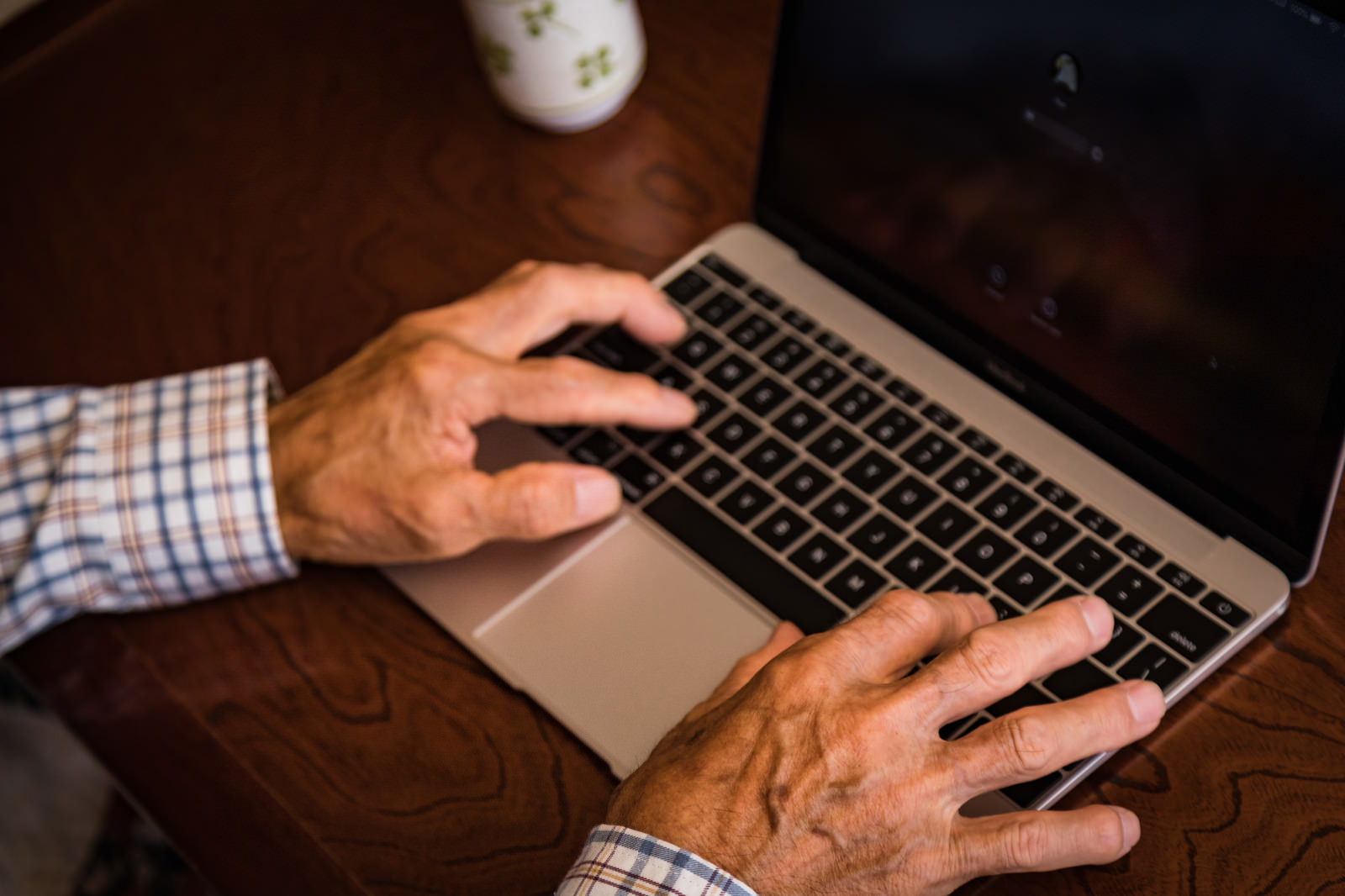 「MacBookを使うおじいさんの手」の写真［モデル：まーちゃん］