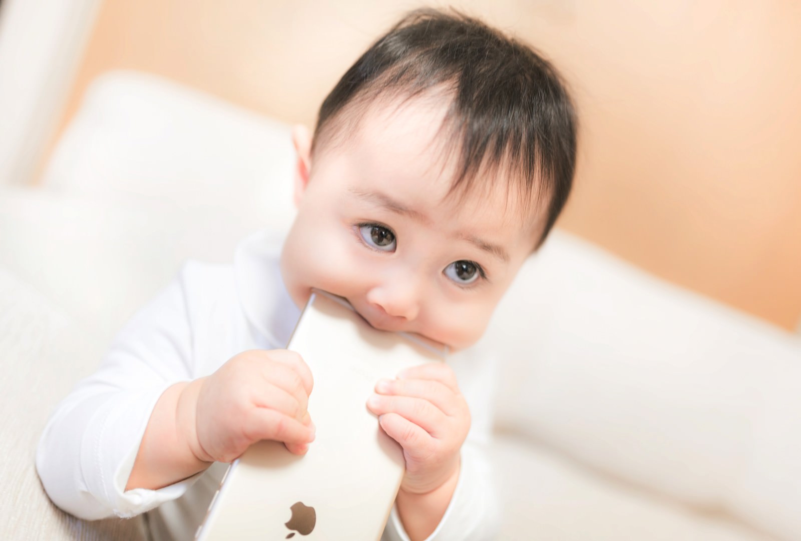 「新しいスマートフォンを食べる赤ちゃん | フリー素材のぱくたそ」の写真［モデル：Lisa］