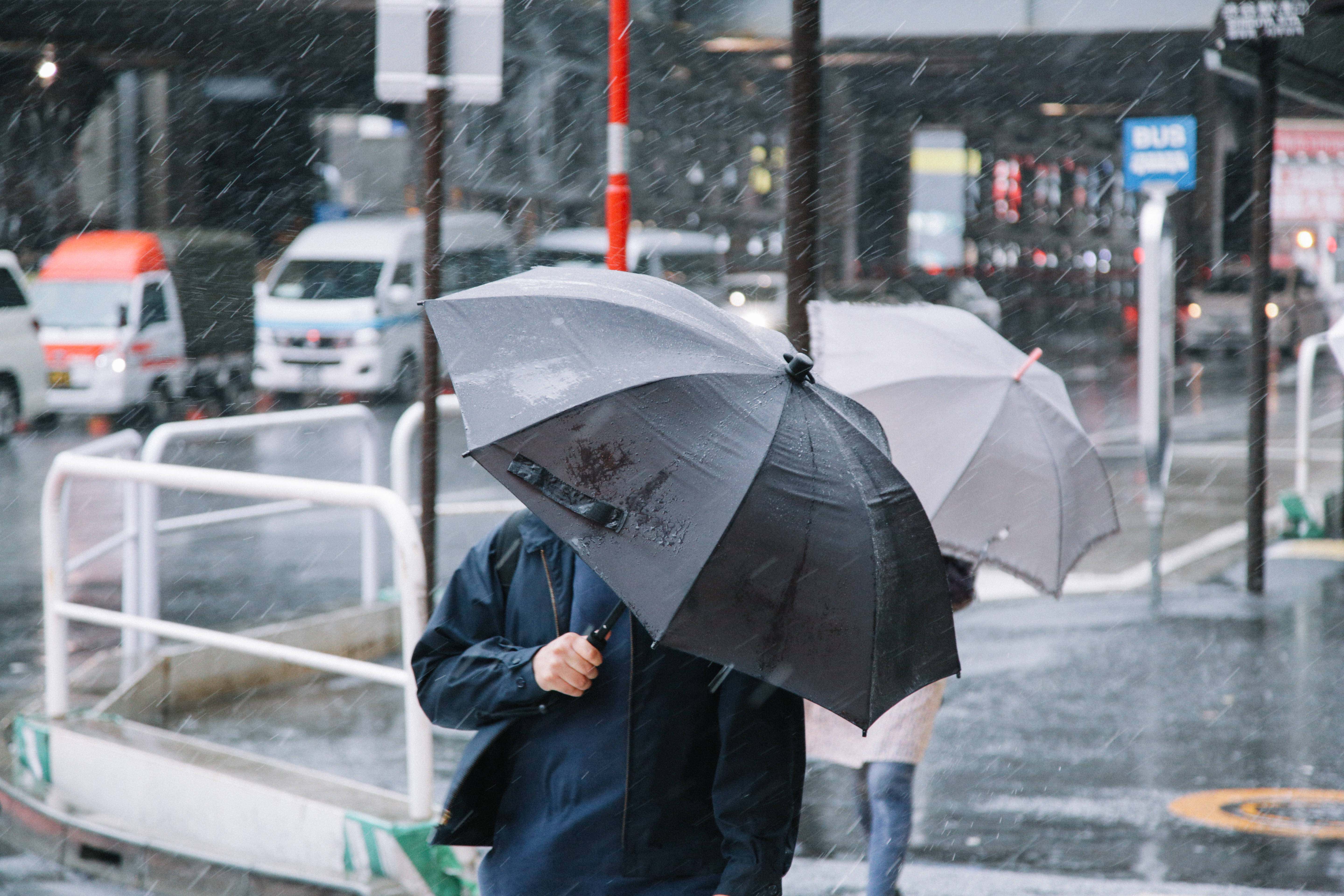 台風の日に傘をさす人の写真 画像 フリー素材 ぱくたそ