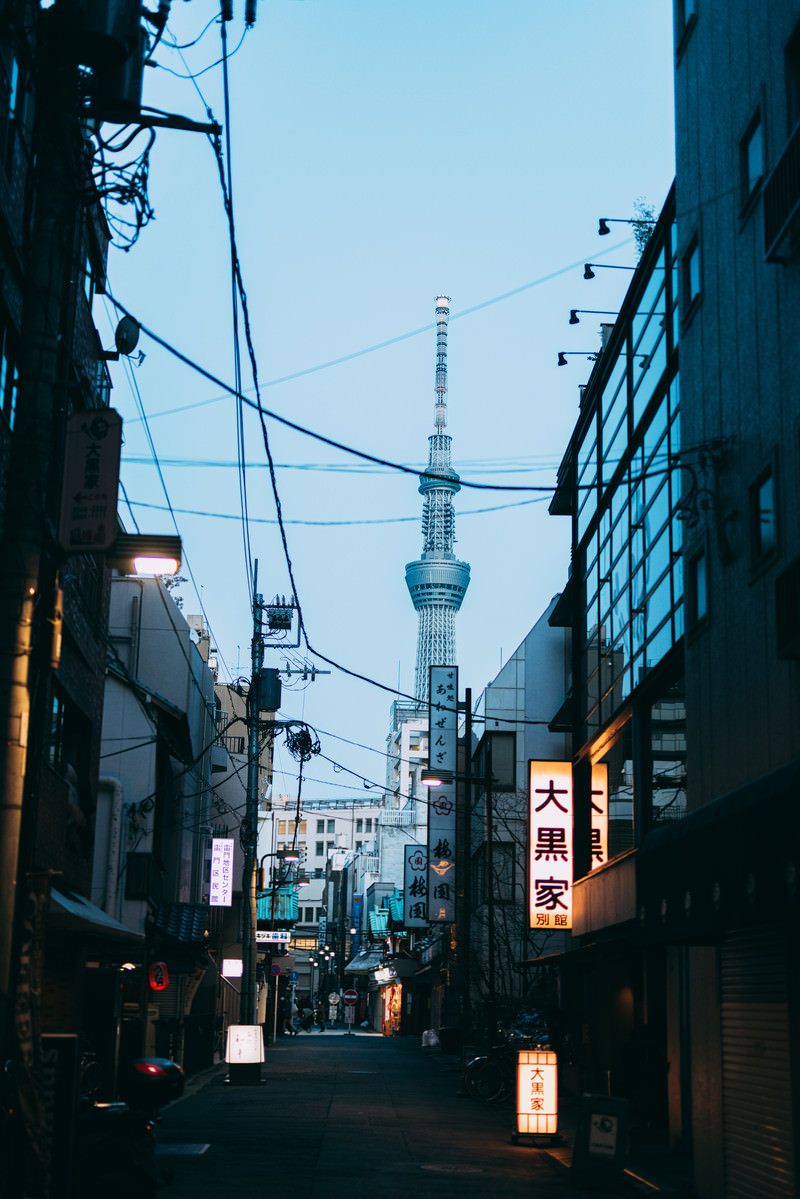 「浅草の商店街から見た東京スカイツリー | フリー素材のぱくたそ」の写真