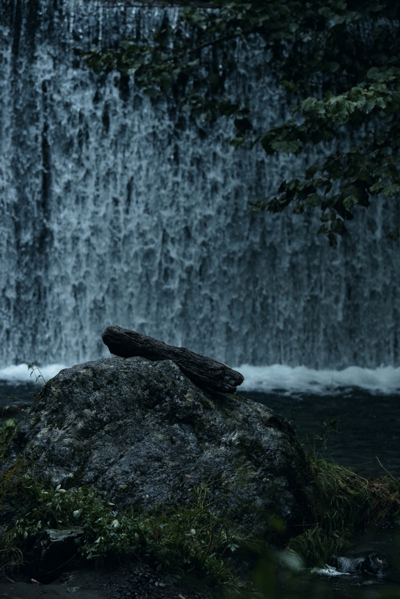 「岩に横たわる倒木と滝 | フリー素材のぱくたそ」の写真