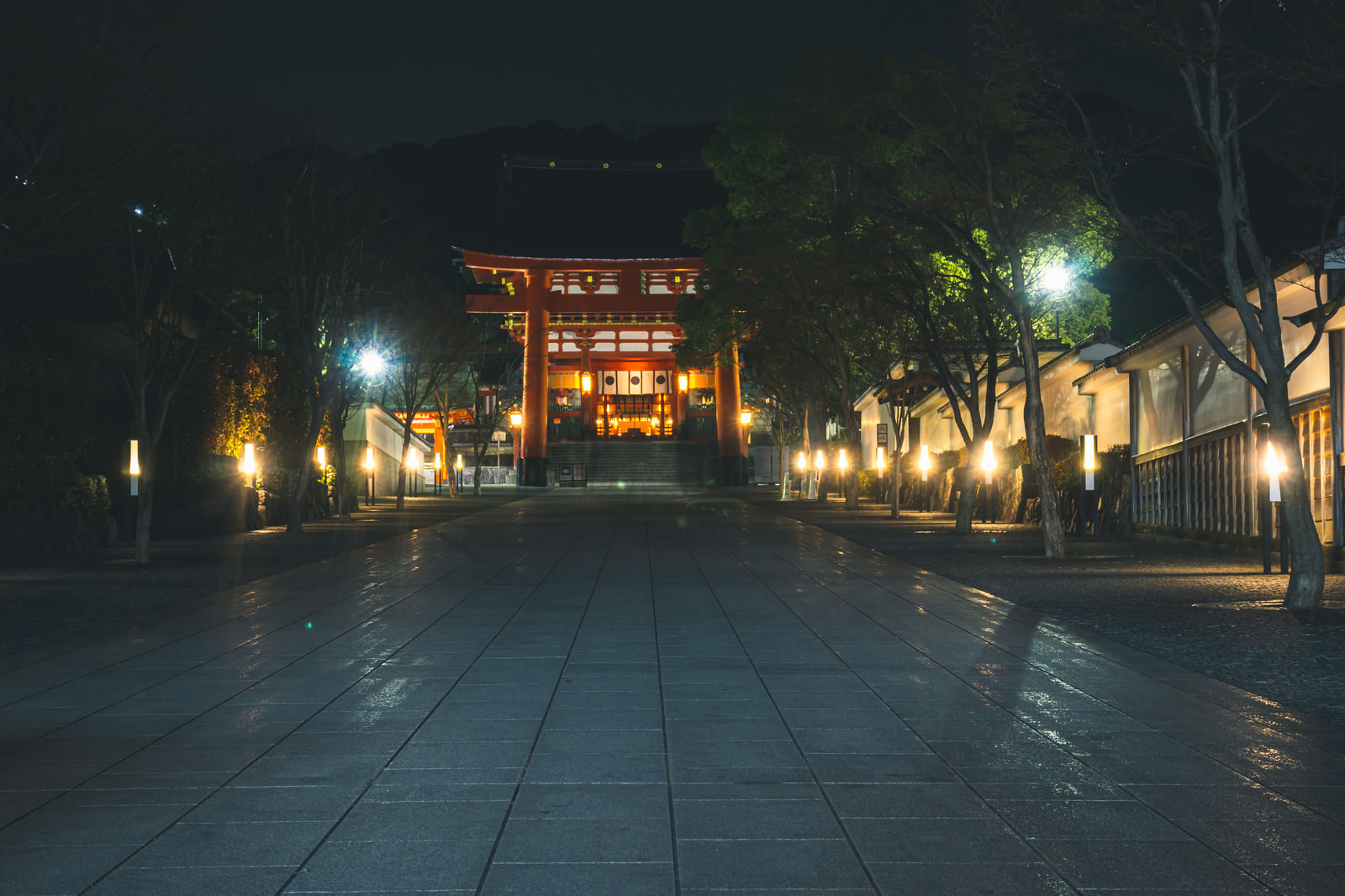 「伏見稲荷大社の二番鳥居へと続く灯篭に照らされた石畳」の写真
